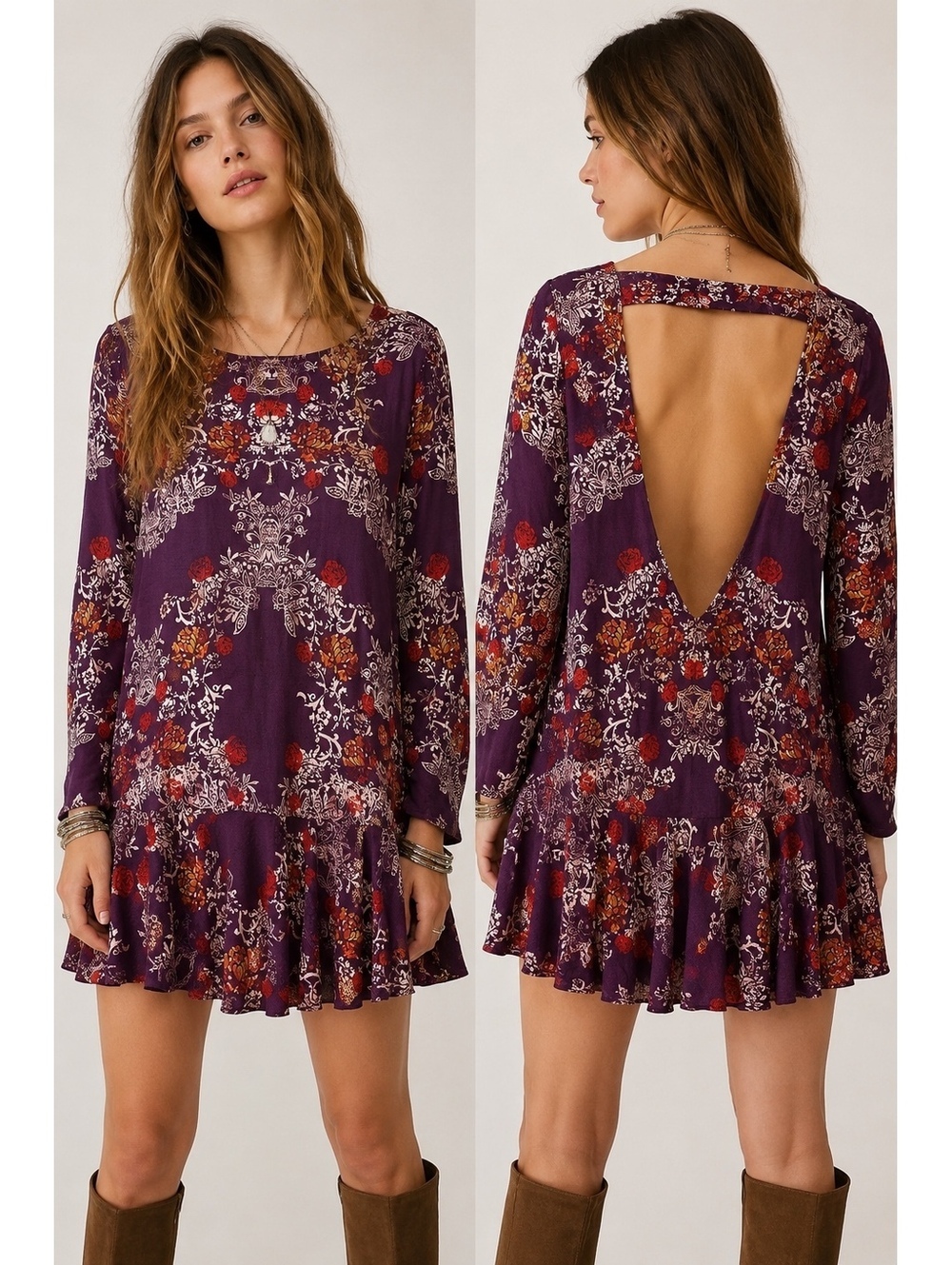 Free People Smooth Talker Tunic Dress Plumberry Combo Open Back Floral Large NWT